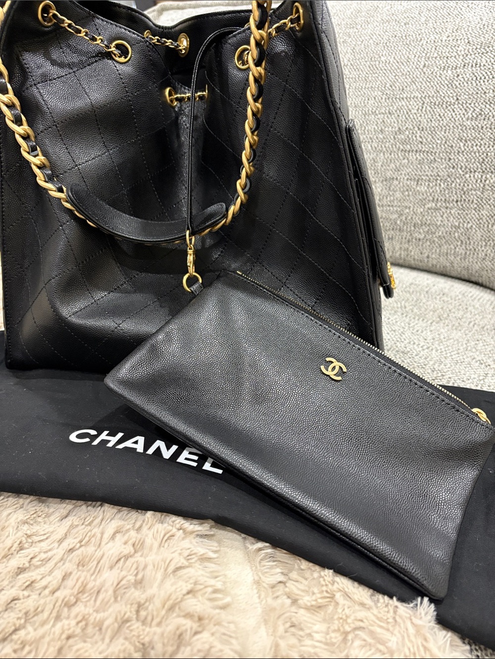 Black Quilted Medium 25 Leather Drawstring Tote with Gold CC Chain - Picture 8 of 10